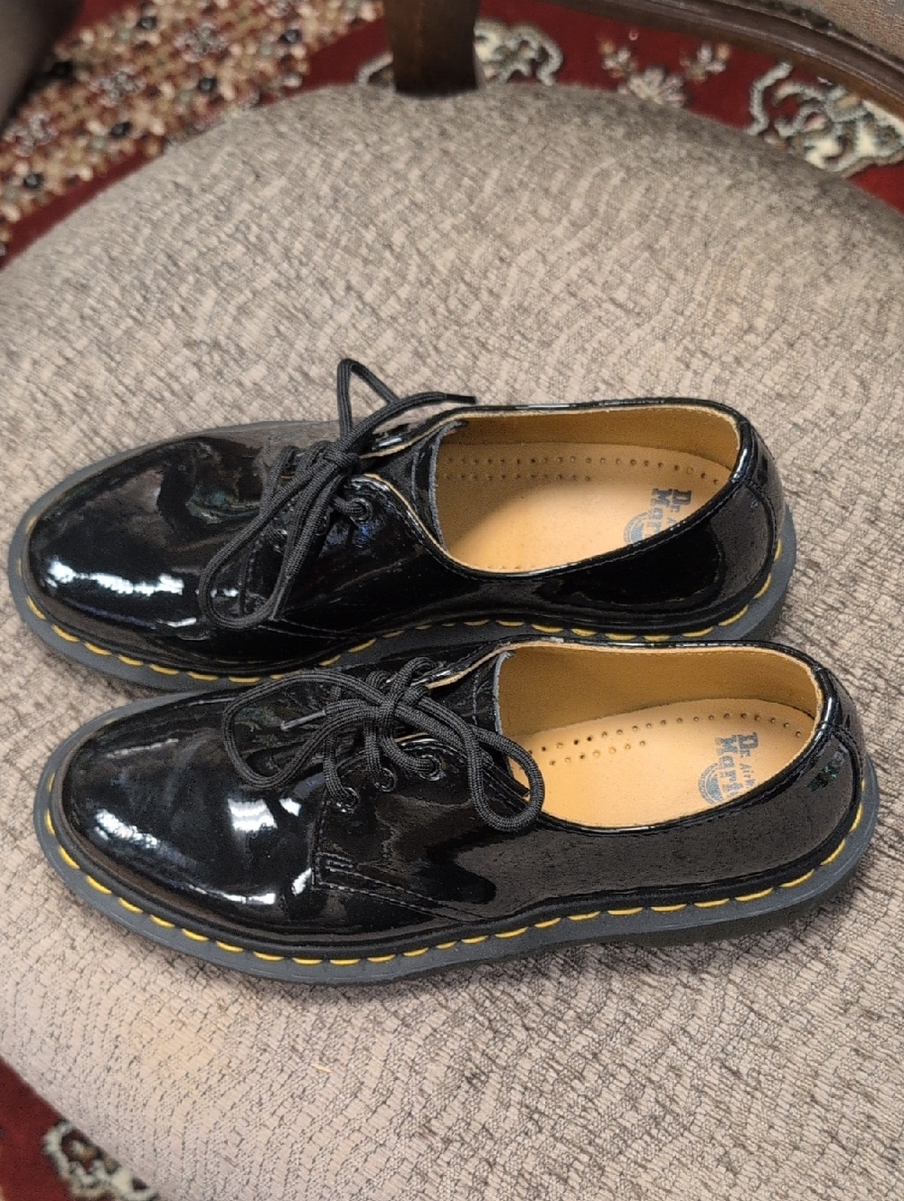 Dr. Martens 1461 Black Patent Lace-Up Oxford Shoes with Yellow Stitching